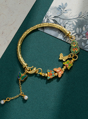 2025古法錾刻吉言烧蓝蝴蝶手镯国风女式精美半镯半链高级感手串女