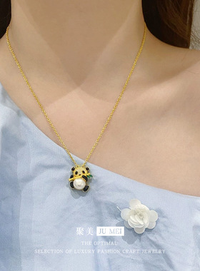 金店同款黄金色沙金时尚可爱小熊猫吊坠女士点钻锁骨链精致女项链
