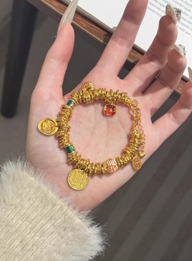 古法金沙金五路财神盘缠手链女热款国风烧蓝珐琅小胖福路路通