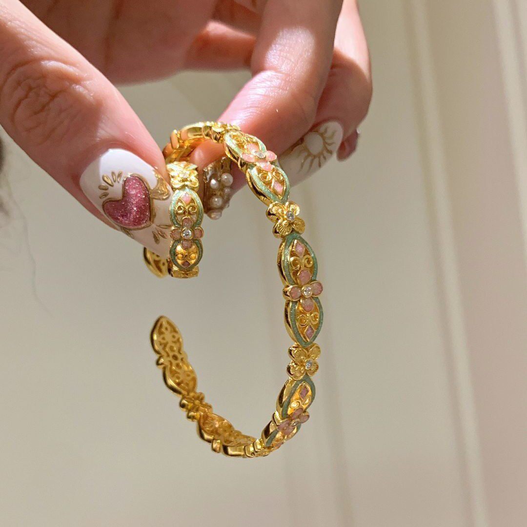 2026女款金色国风珐琅工艺镂空桃花手镯戒指复古个性百搭气质手环