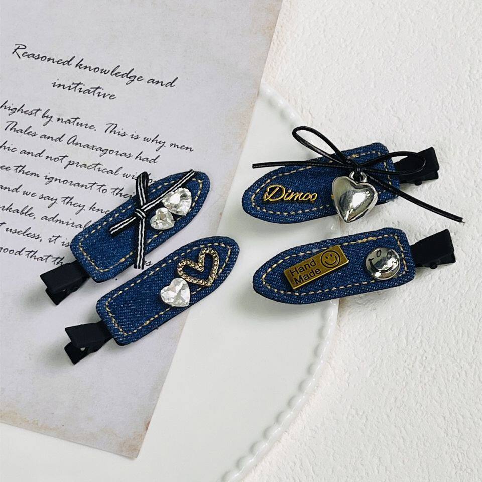 原创设计小众高级感牛仔蓝发夹复古桃心水钻甜酷发夹侧边刘海