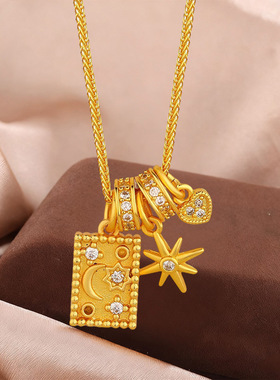 黄金色沙金日月吊坠高级感轻奢项链女士星星月亮流星挂坠爆闪衣链