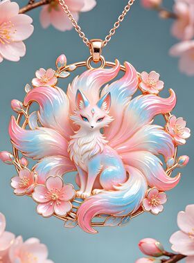 桃粉灵狐金属项链吊坠蜜桃九尾狐古风纯手工旺桃花运纪念品送闺蜜