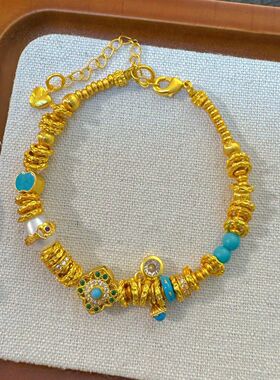 金店同款宫廷风猫眼绿石盘缠串珠手链小众气质轻奢沙金手串饰品