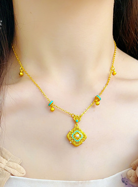 金店同款沙金999珐琅宋韵四合如意吊坠项链送女友礼物新中式国潮