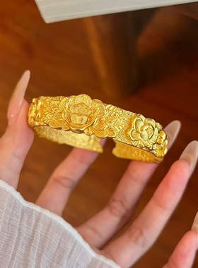 镀真金强保色古法沙金富贵牡丹花手镯精致新中式复古风百搭手镯