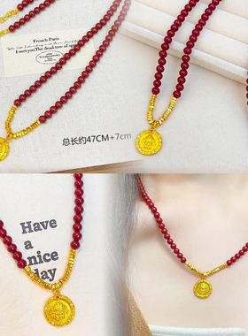 古法镀沙金点钻黄财神碎银几两吊坠红色朱砂辰砂串珠本命年女项链