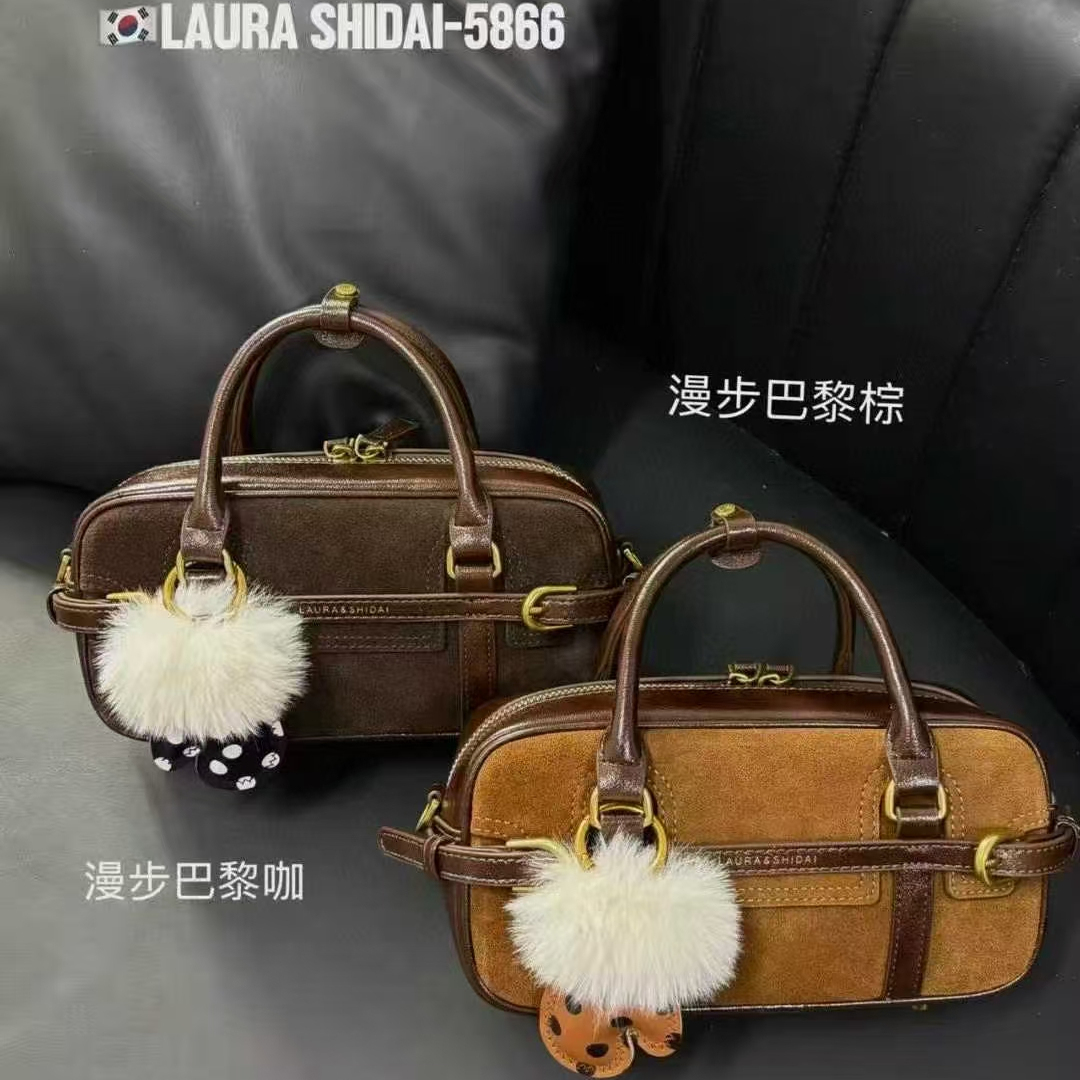 2025冬季新款高品质磨砂皮保龄球包包简约拼接单肩斜挎包