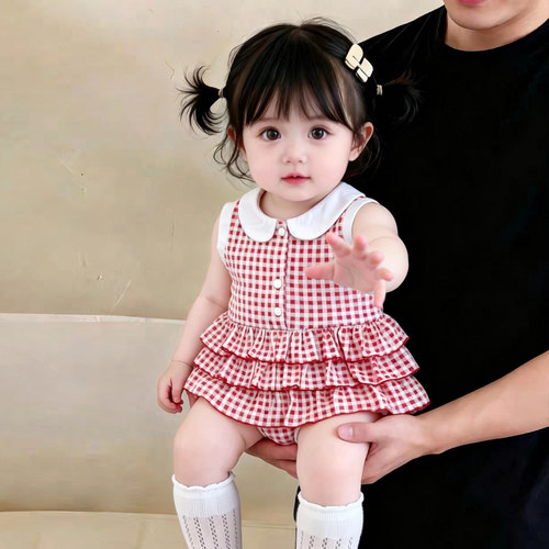 夏季女宝宝格子娃娃领蛋糕连体衣