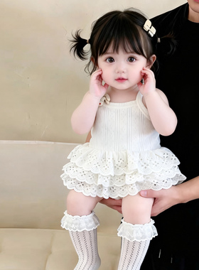 婴幼儿夏季薄款提花透气包屁衣宝宝吊带蕾丝蛋糕裙满月服Z1265