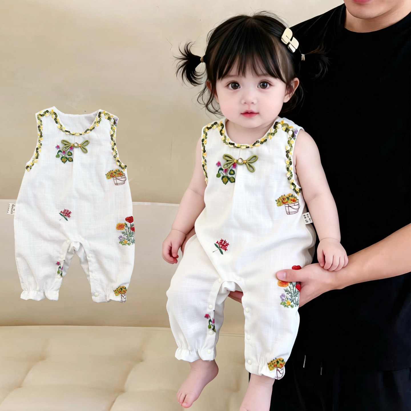 女宝连体衣春夏款花朵刺绣无袖爬服外出服婴儿国风背带裤Z5001