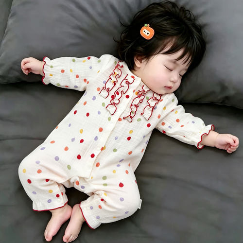 女宝宝纯棉波点春秋长袖哈衣