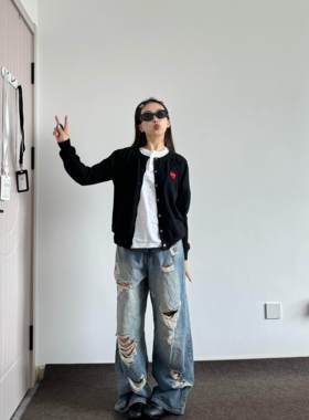 2026春季新款爱心刺绣黑色毛衣外套女秋冬慵懒风休闲外搭针织开衫