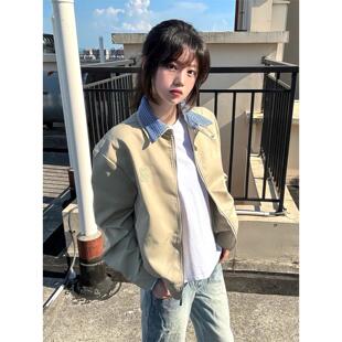 早秋撞色假两件上衣外套女款 宽松小众设计感男女翻领百搭夹克 秋季