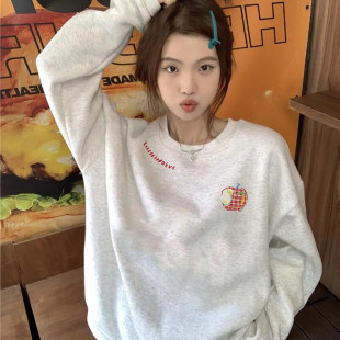 美式慵懒chic灰色圆领卫衣女2026新款爆款冬宽松加绒加厚无帽上衣