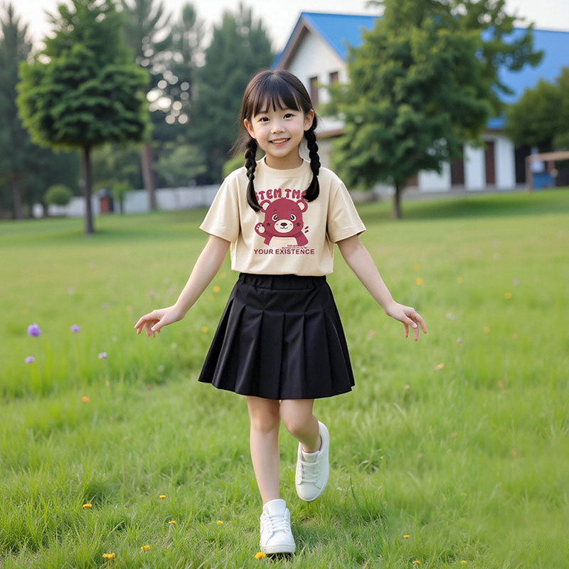 女童夏季衣服2025 新款休闲T恤印花上衣网红女孩学院风百褶裙