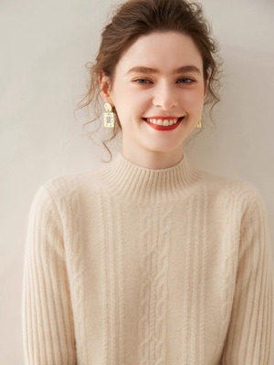 100%纯山羊绒衫女双股加厚半高领扭花套头毛衣针织打底衫内搭秋冬