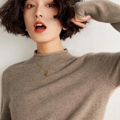 24秋季无缝毛衣baby小山羊绒衫女卷边半高领针织衫宽松内搭打底衫