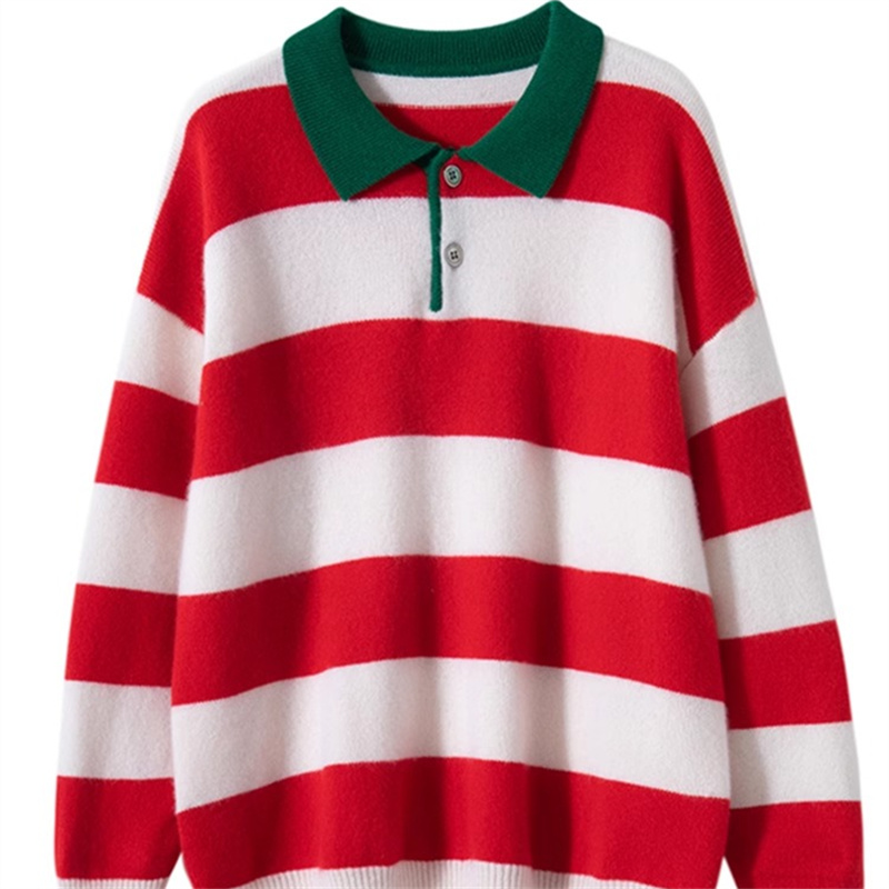 羊绒衫女100%纯山羊绒POLO领秋冬红白条纹毛衣宽松短款针织衫上衣