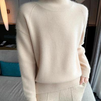 轻奢百搭软糯baby小山羊绒衫女半高领落肩针织打底衫宽松插肩毛衣