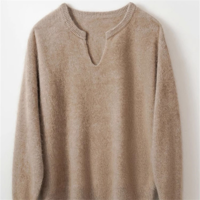 纯山羊绒拉绒针织衫羊绒衫女V领上衣外穿加厚宽松毛衣秋冬套头