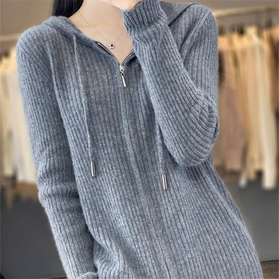 休闲减龄双拉链连帽衫羊绒开衫女针织宽松韩版23秋冬羊毛毛衣外套