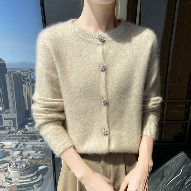 2024冬季新款纯山羊绒衫女双股加厚纯色钻扣圆领开衫毛衣