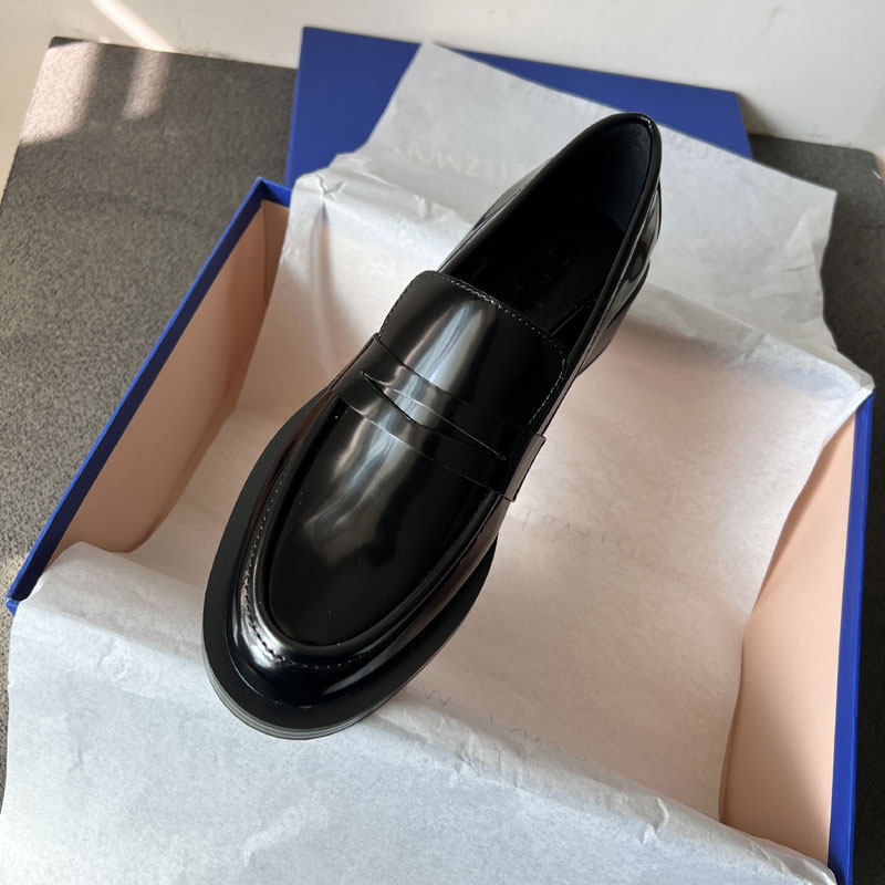 外贸原单出口英伦粗跟漆皮乐福鞋SW女圆头单鞋一脚蹬学院小皮鞋