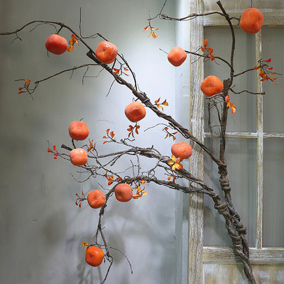 仿真柿子果实大树枝柿柿如意摆件下水管装饰假树墙壁客厅婚庆造景