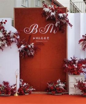 农村户外红白色婚礼布置图片 配 psd制作源文件设计喷绘kt板