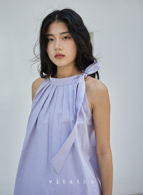 Vitatha番塔塔 多巴胺忘忧草绑带绝美紫色挂脖连衣裙无袖中长裙子