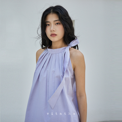 盐缩棉挂脖遮肉连衣裙