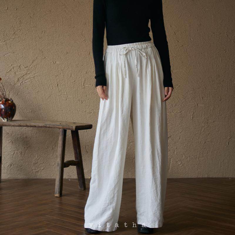 VItatha番塔塔 「米」 新中式天然汉麻原色松紧腰阔腿裤,女装/女士精品,休闲裤,淘宝优惠券,粉丝福利购,淘宝优惠卷