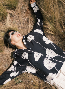 Vitatha番塔塔「问野」墨塘素荷印花宽松透气亚麻长袖防晒衬衫