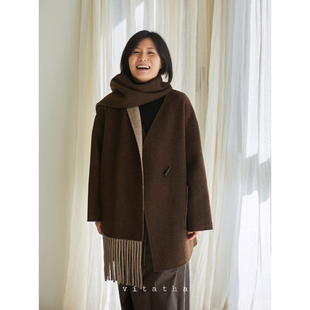 Vitatha番塔塔 秋冬双面呢桑蚕丝羊绒羊毛拼色大衣
