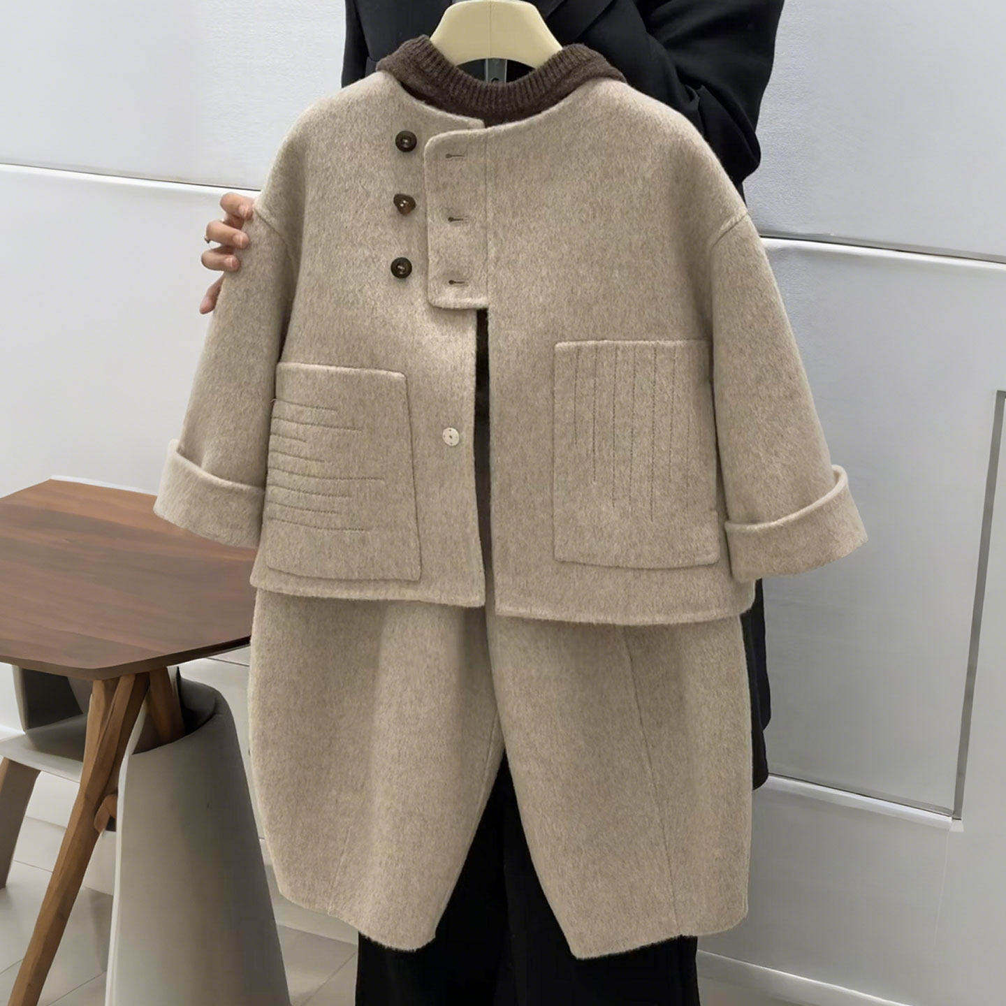 童装秋冬加绒呢子套装女童毛呢外套男童呢子大衣长裤两件套弯刀裤