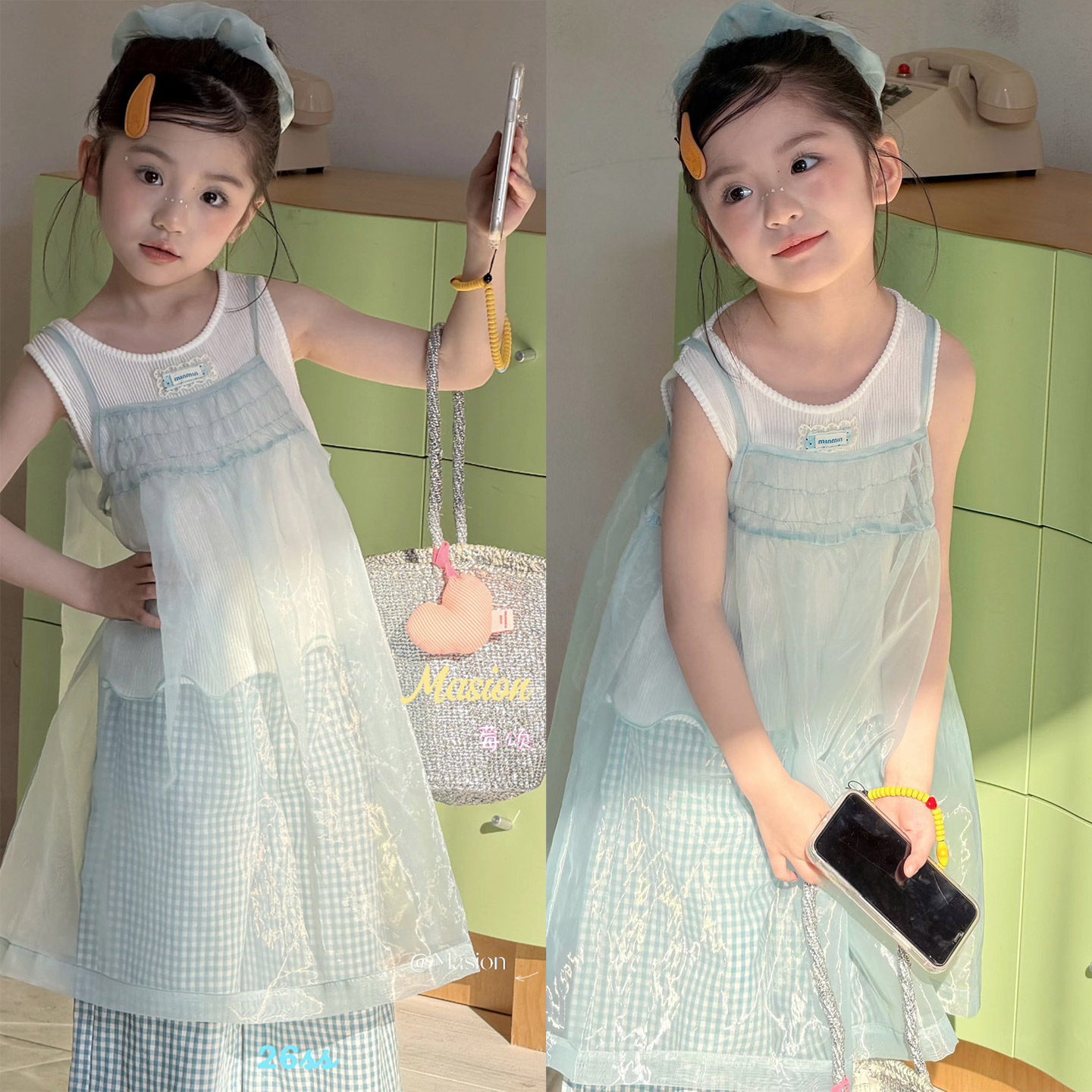 女童夏季吊带裙套装童装新款女孩洋气格子长裤背心裙子三件套洋气