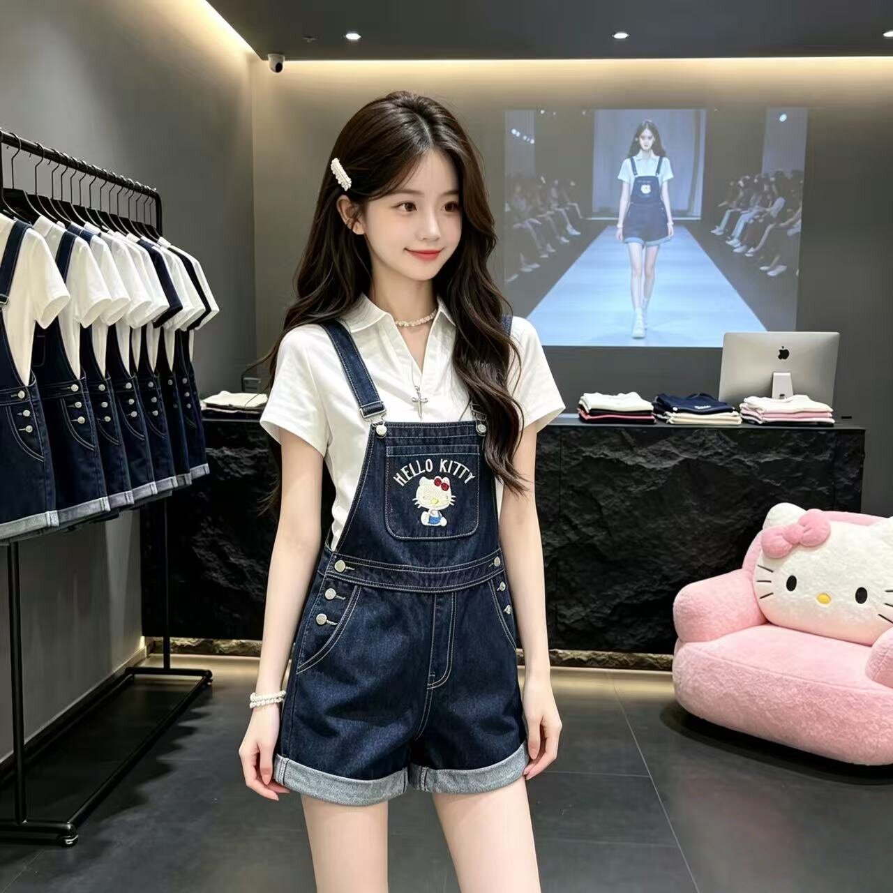女童夏季牛仔背带裤套装图片