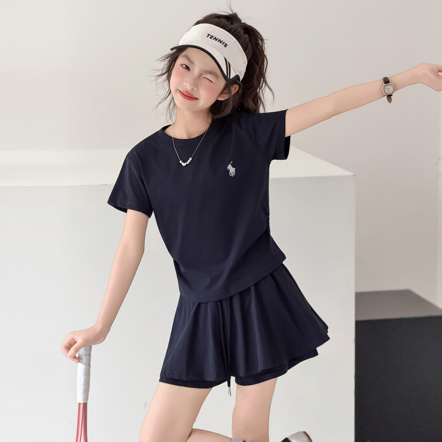 女童夏季短袖运动套装童装新款女孩休闲T恤短裤裙两件套洋气韩版