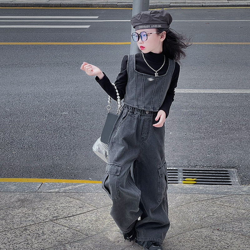 女童秋季牛仔工装裤套装2025秋冬长裤童装长袖打底衫洋气三件套潮