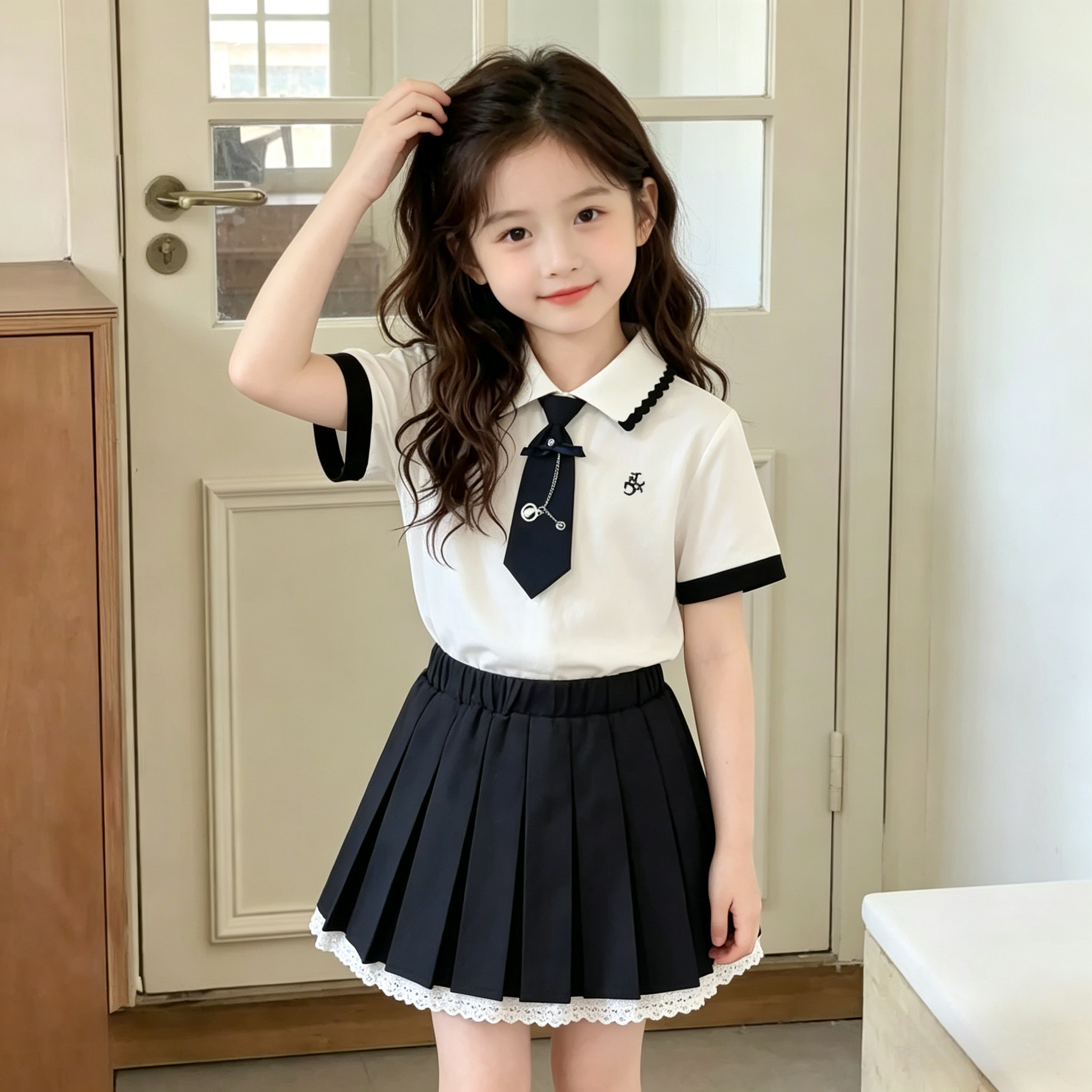 女童夏季短袖百褶裙套装t女孩洋气学院风POLO衫T恤花边裙子两件套