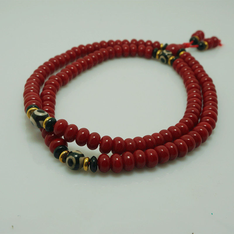 西藏民族风饰品 新品108颗算珠红琉璃佛珠  怀业念珠本命年红手串