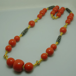 藏风馆民族风藏装配饰 藏式天珠玛瑙仿珊瑚大珠珠项链毛衣链拍照