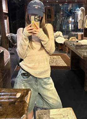 JAMUUS慵懒风燕麦杏镂空提花羊毛罩衫秋季薄款显瘦针织长袖T恤女