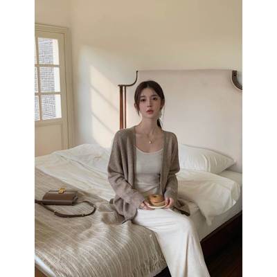 MAXMENT慵懒温柔三件套奶咖修身针织吊带阔腿裤马海毛开衫