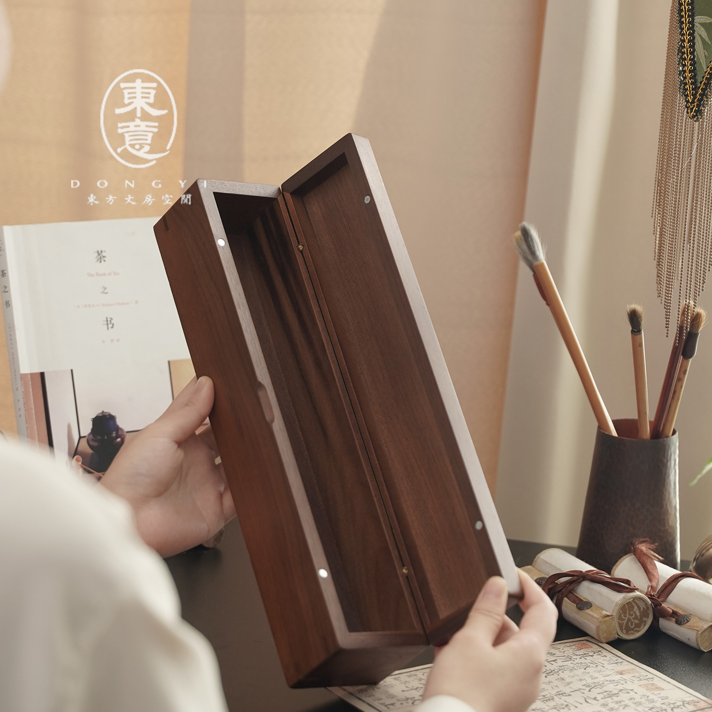 字画卷轴收纳盒书法书画实木长方形加长收藏盒黑胡桃木防潮防尘