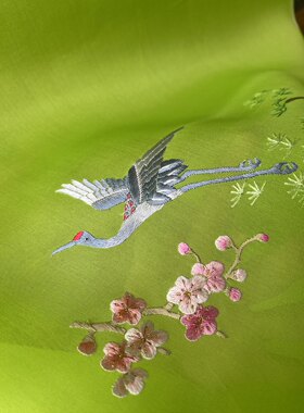 绿色仙鹤真丝绡桑蚕丝苏绣衣料老绣手绣面料布料汉服来料旗袍中式