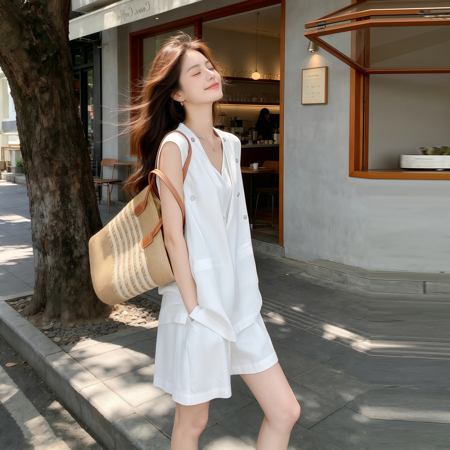 初夏独特漂亮套装女2026新款设计感白色无袖上衣短裤小个子两件套