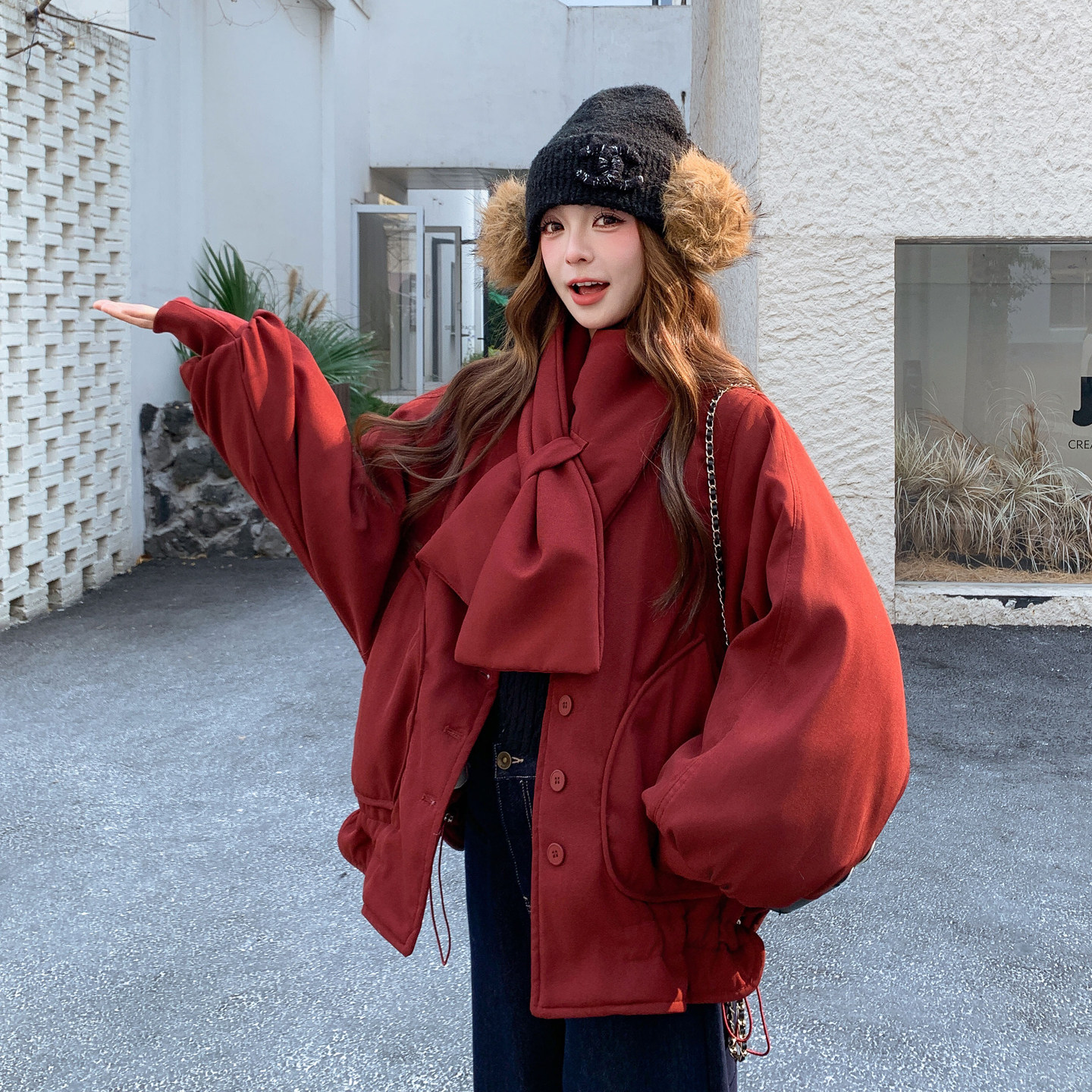 巨好看韩系围巾领羽绒服女2025冬季新款宽松保暖红色工装新年外套