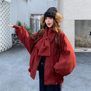 巨好看韩系围巾领羽绒服女2025冬季新款宽松保暖红色工装新年外套